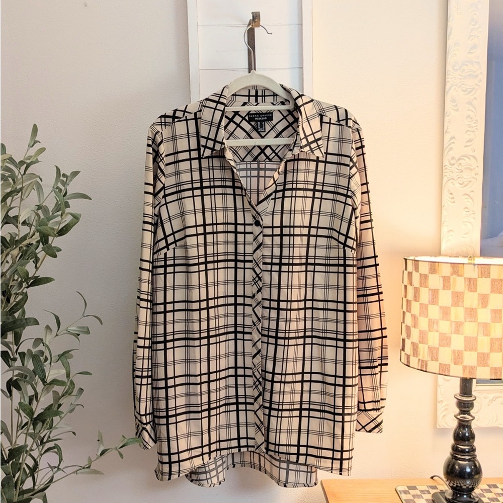 Susan Graver Black and Cream Plaid Button-Down Shirt